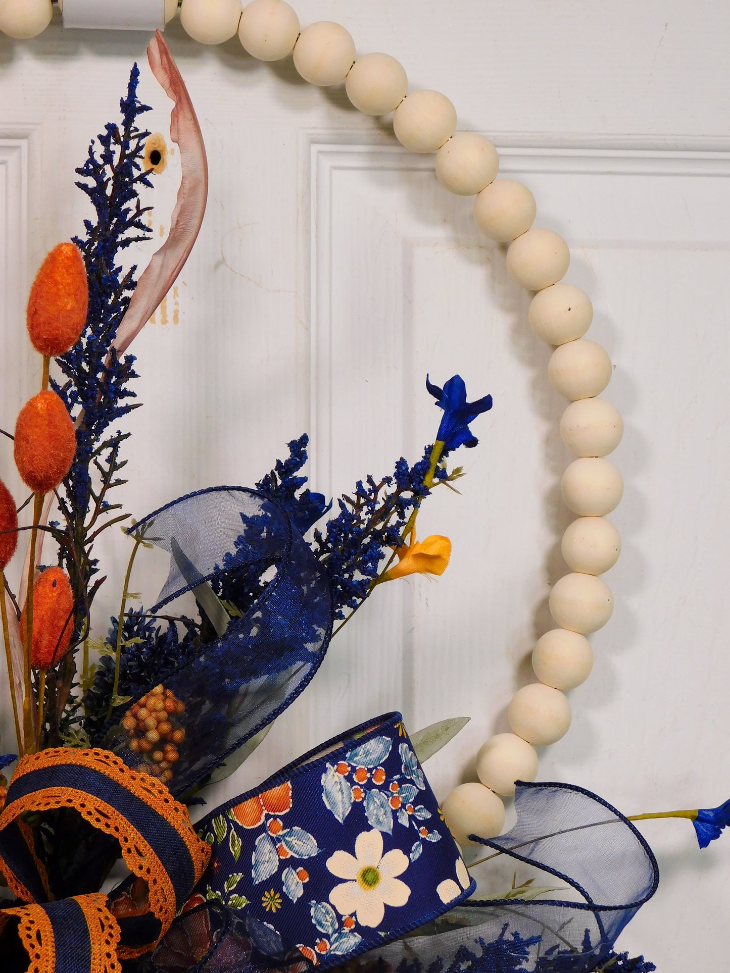 Rustic Beaded Floral Door Hanger with Navy & Orange Bow, Autumn Harvest Wreath, Farmhouse Wall Decor