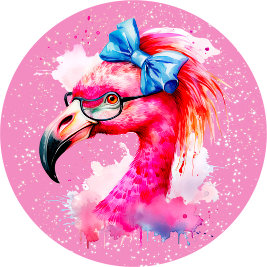 Watercolor Tropical Flamingo with Glasses and Bow Wreath Sign