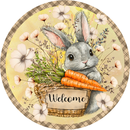 Welcome Bunny with Carrots Sign - 10” or 11.75” Round Easter Farmhouse Wreath Sign