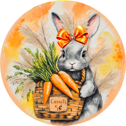 Orange Bow Bunny with Carrot Basket Sign - 10” or 11.75” Round Spring Wreath Sign