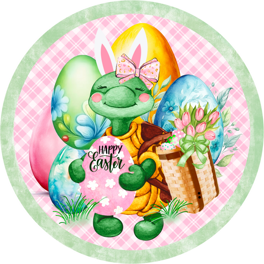 Happy Easter Turtle with Bunny Ears Sign - 10” or 11.75” Round Spring Wreath Sign