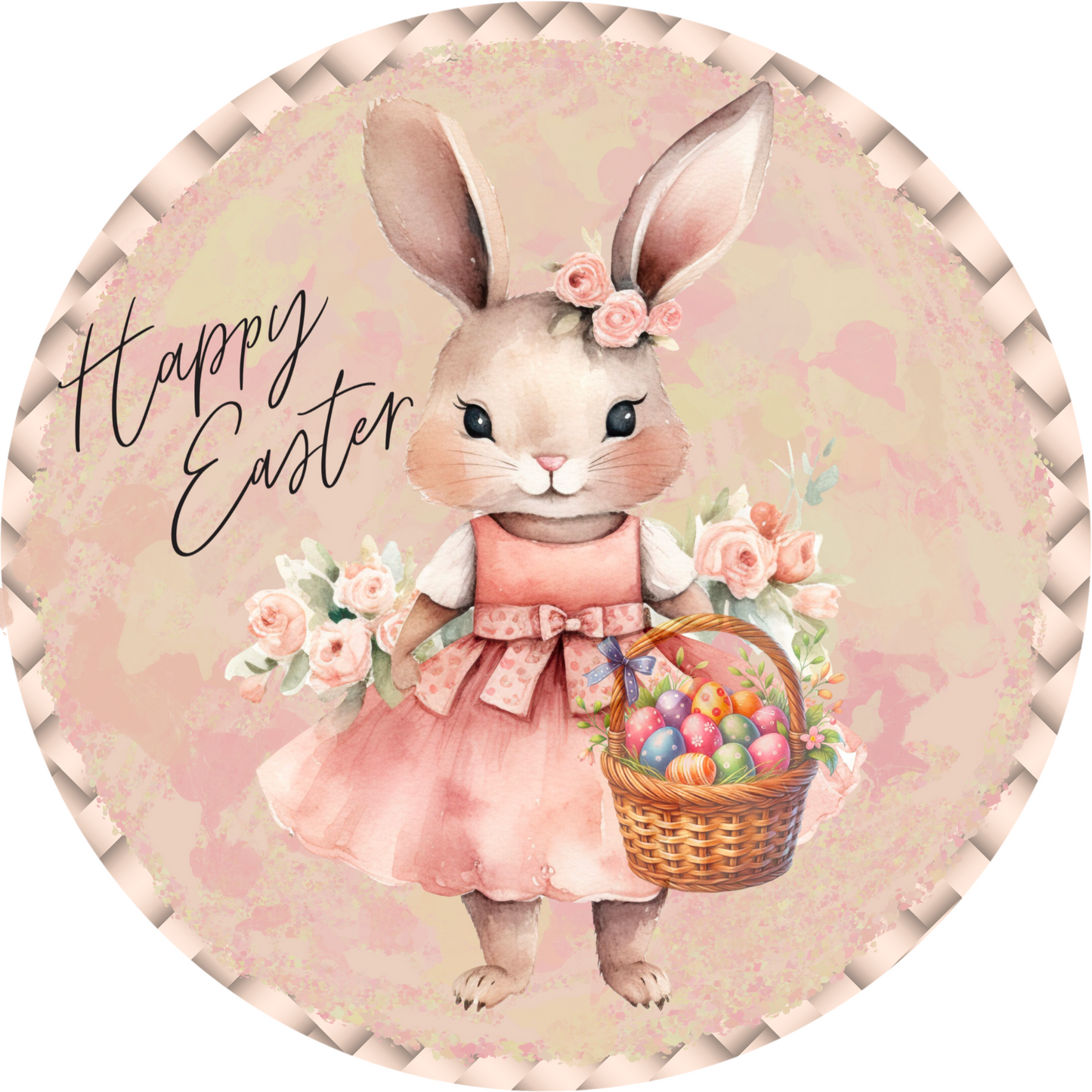 Happy Easter Bunny in Pink Dress Round Sign - 10” or 11.75” Spring Wreath Sign