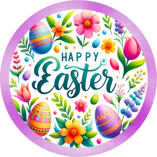 Happy Easter Floral Sign with Eggs - 10” or 11.75” Round Spring Wreath Sign