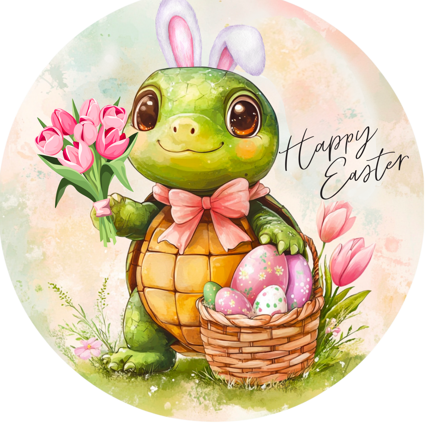 Happy Easter Turtle with Bunny Ears Sign - 10” or 11.75” Round Spring Wreath Sign