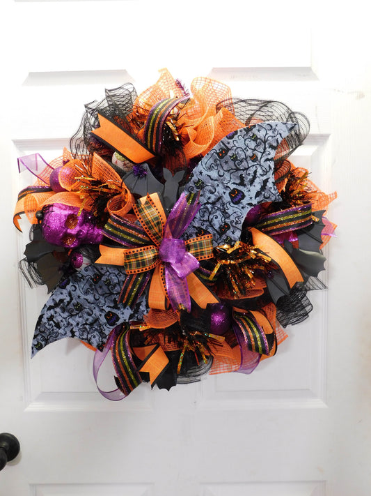 Halloween Bat Deco Mesh Wreath with Purple and Orange Bows - Spooky Door Decor