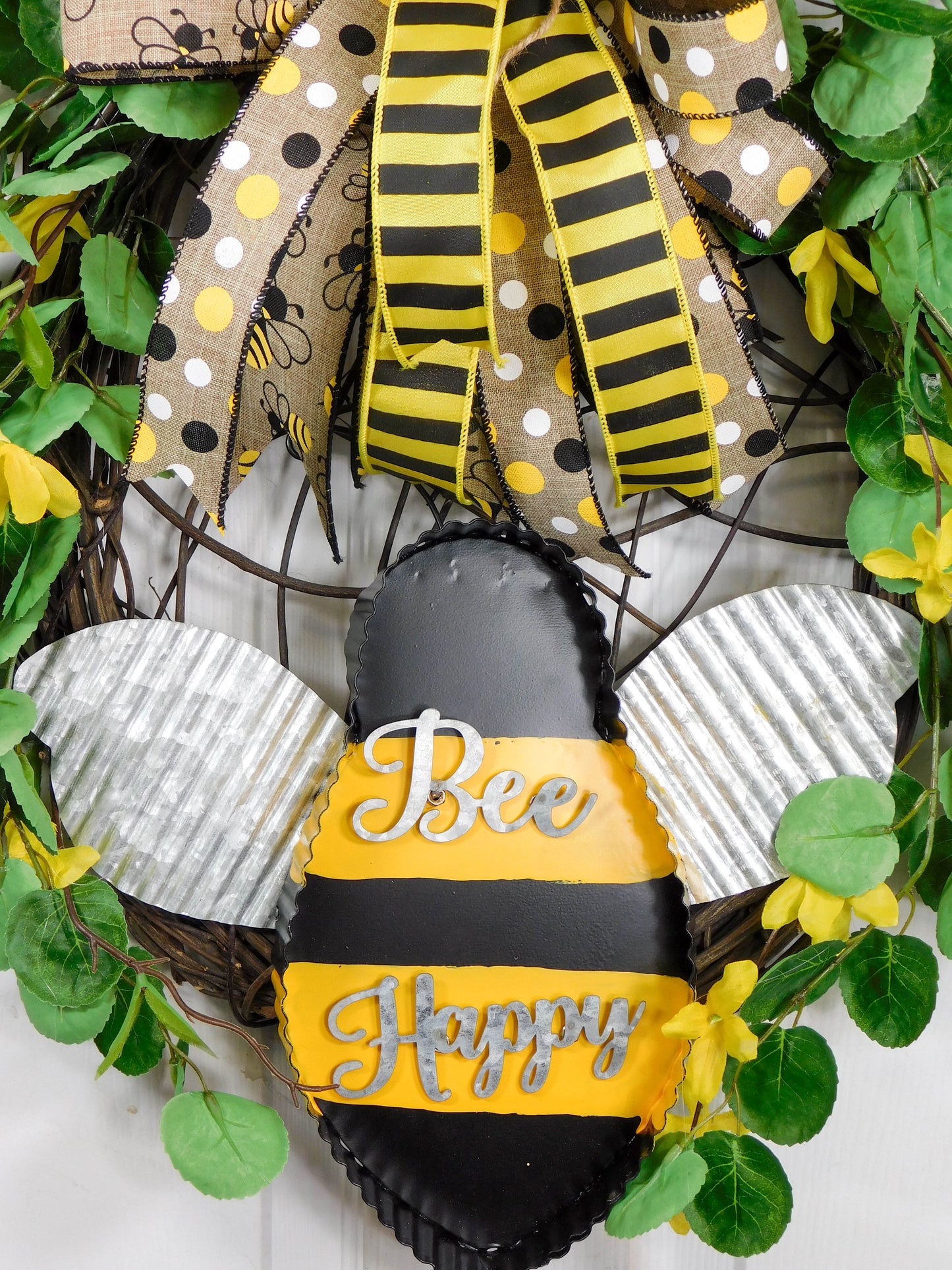 Bee Happy Wreath with Metal Sign and Yellow Accents - Spring and Summer Door Decor