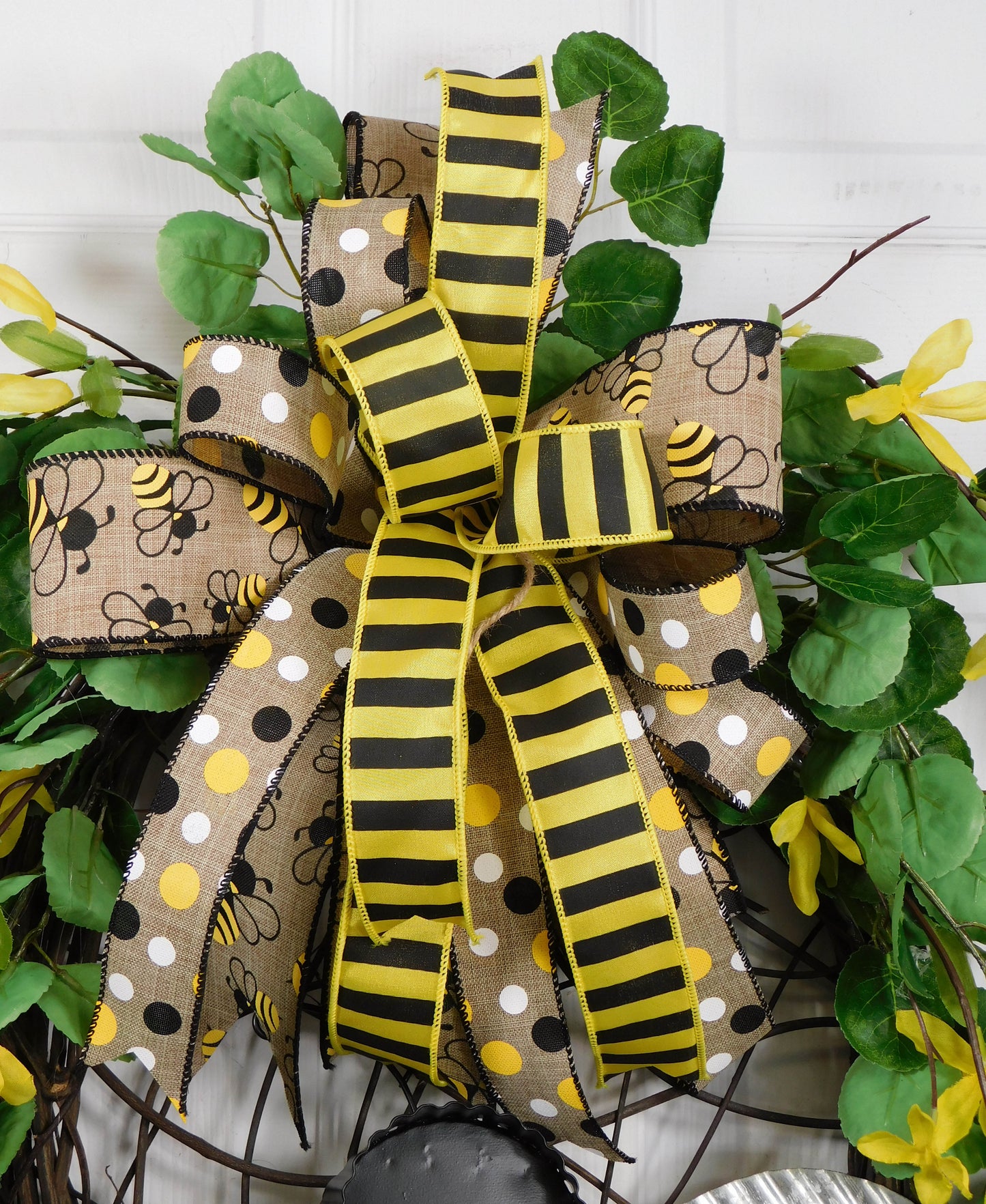 Bee Happy Wreath with Metal Sign and Yellow Accents - Spring and Summer Door Decor