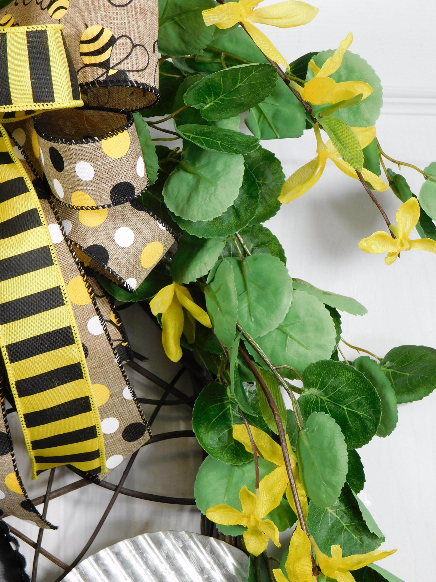 Bee Happy Wreath with Metal Sign and Yellow Accents - Spring and Summer Door Decor