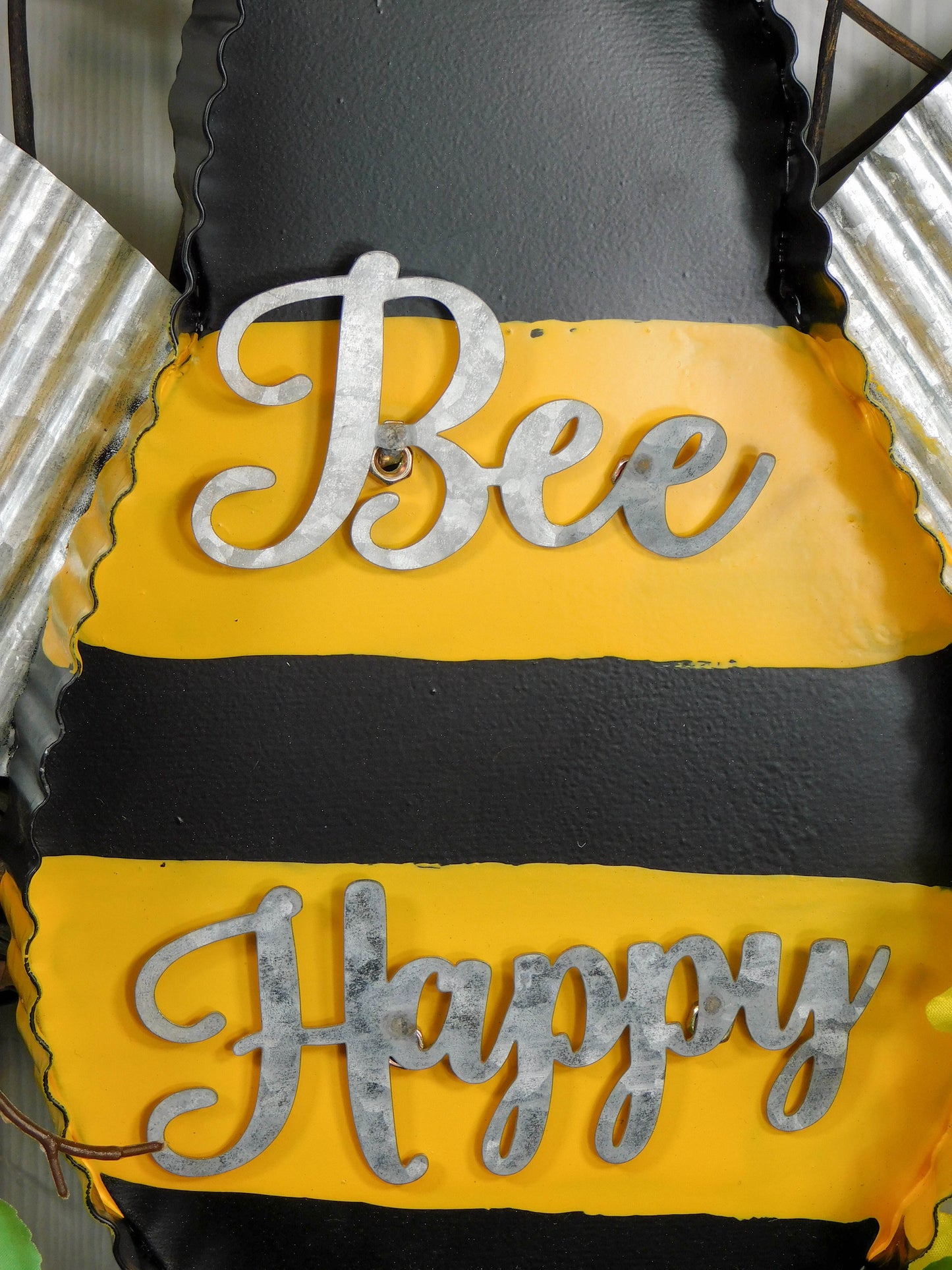 Bee Happy Wreath with Metal Sign and Yellow Accents - Spring and Summer Door Decor