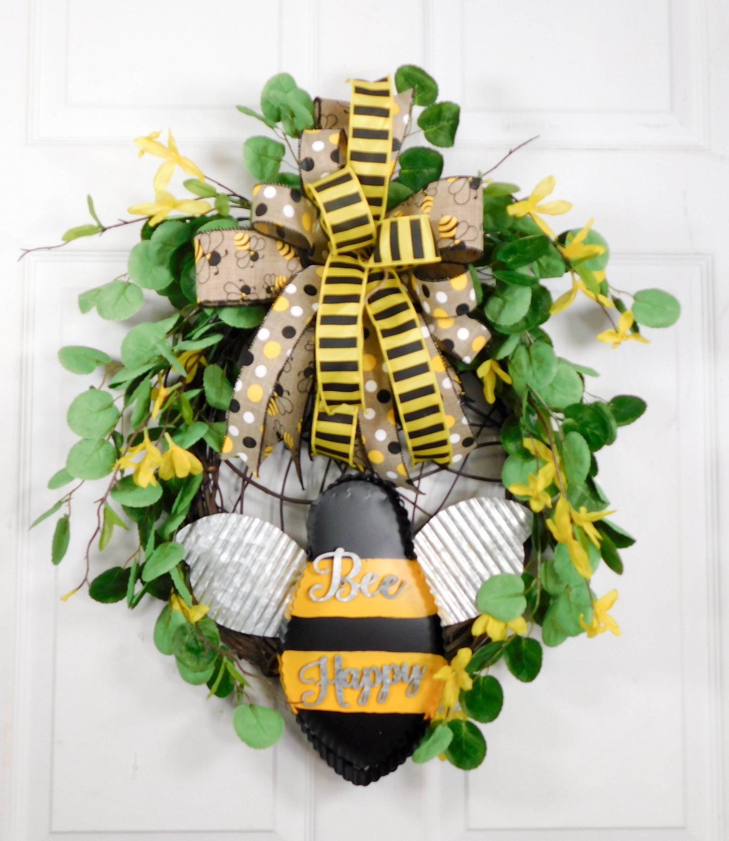 Bee Happy Wreath with Metal Sign and Yellow Accents - Spring and Summer Door Decor