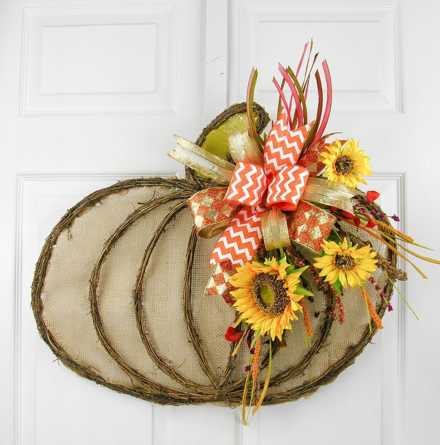 Pumpkin Shaped Grapevine Door Hanger with Sunflowers and Autumn Bows - Fall Decor