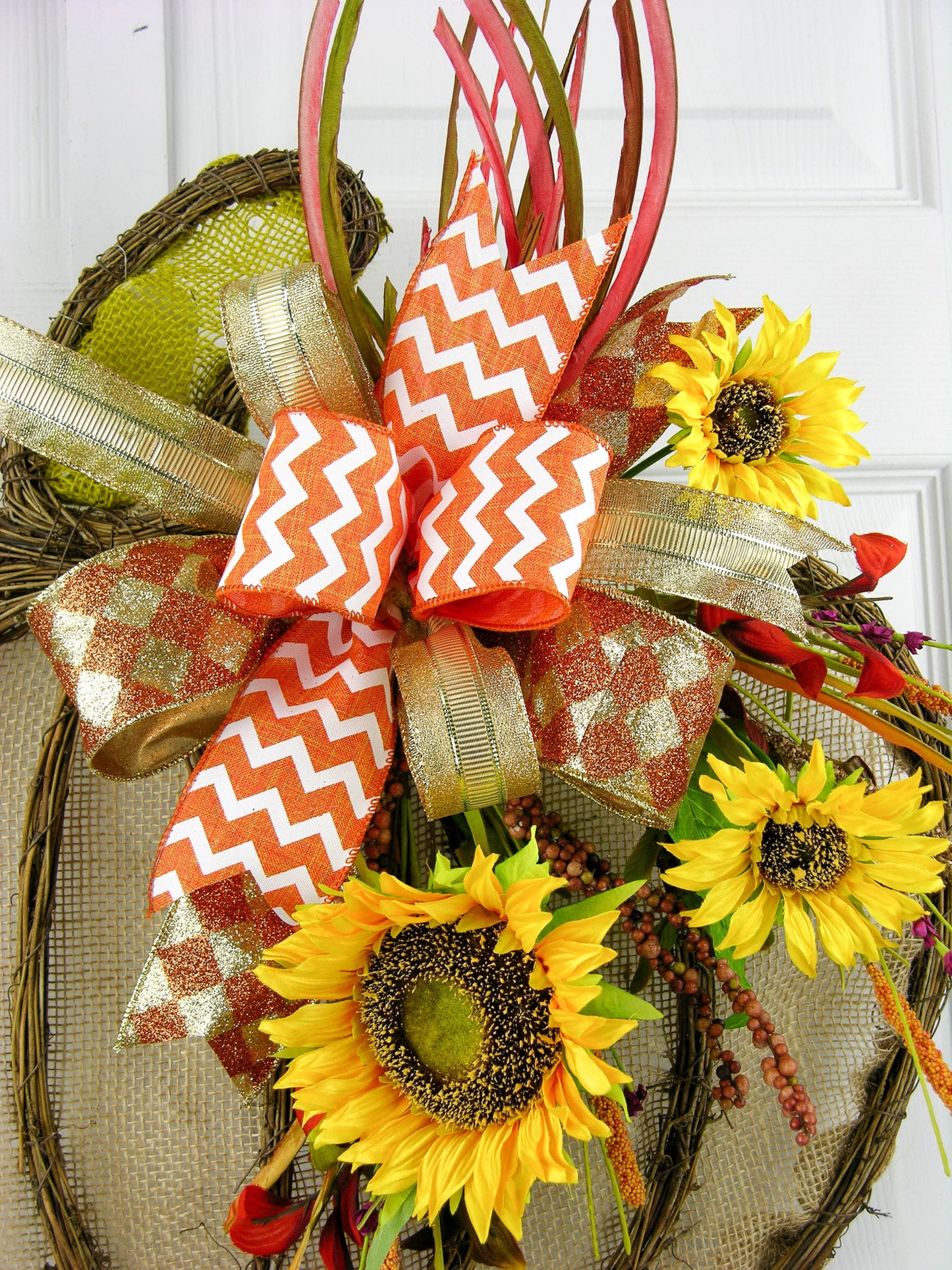 Pumpkin Shaped Grapevine Door Hanger with Sunflowers and Autumn Bows - Fall Decor