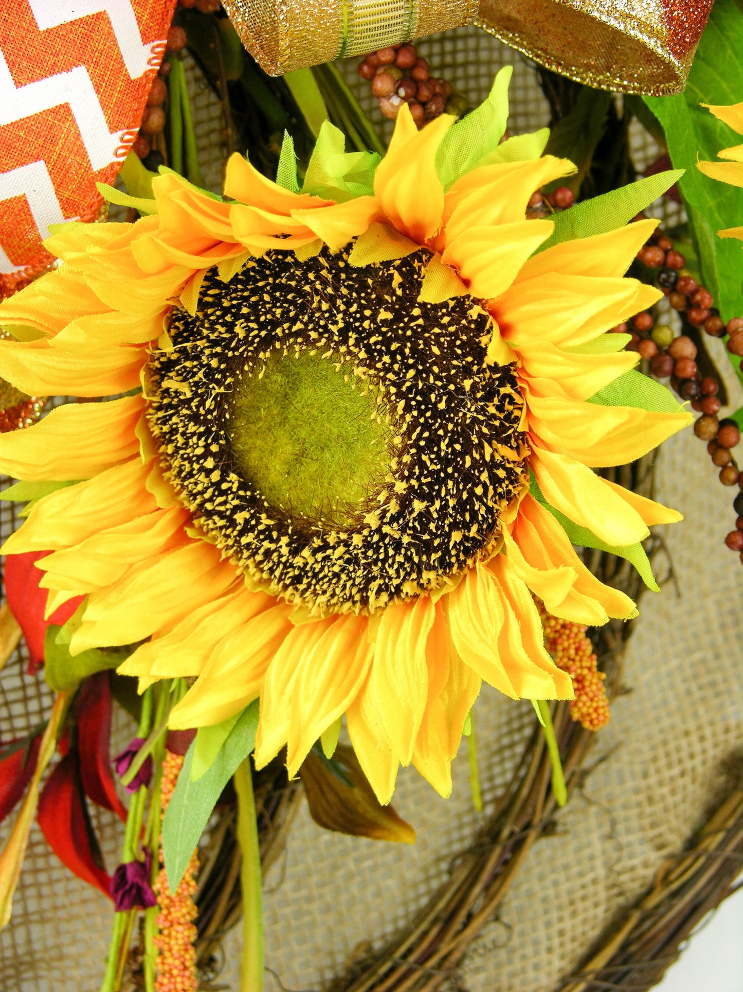 Pumpkin Shaped Grapevine Door Hanger with Sunflowers and Autumn Bows - Fall Decor