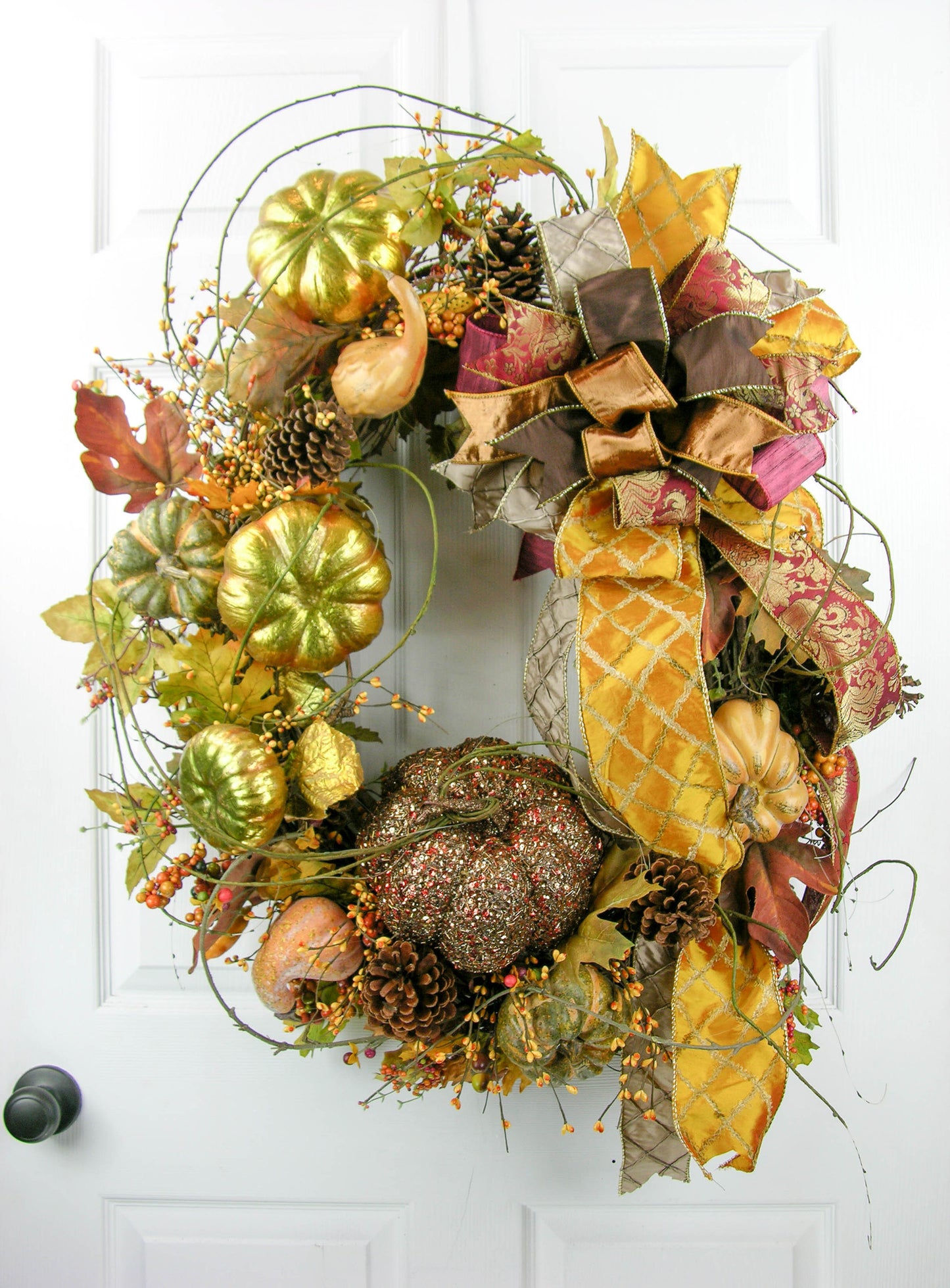 Elegant Fall Pumpkin Wreath with Gold Accents and Bows - 38” Autumn Door Decor