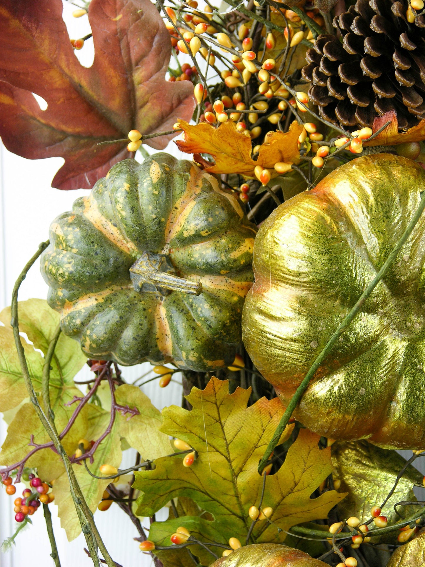 Elegant Fall Pumpkin Wreath with Gold Accents and Bows - 38” Autumn Door Decor