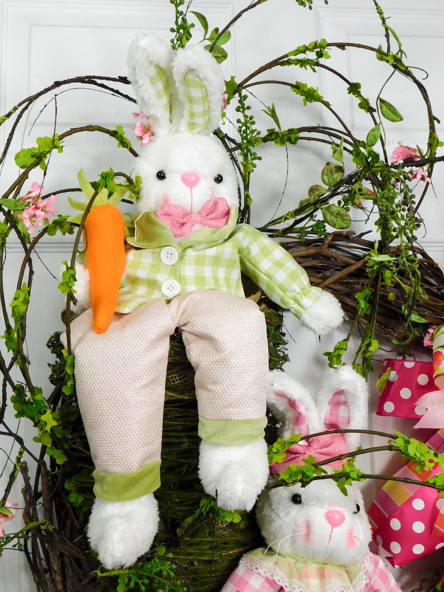 Double Bunny Grapevine Wreath with Floral Accents and Colorful Bow - Spring and Easter Door Decor