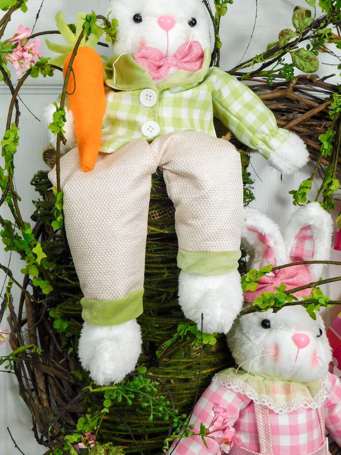 Double Bunny Grapevine Wreath with Floral Accents and Colorful Bow - Spring and Easter Door Decor