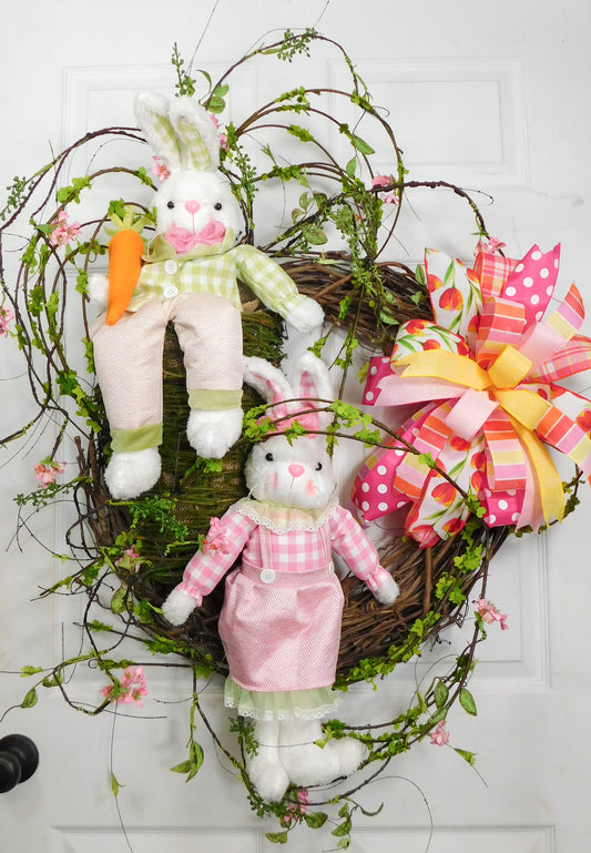 Double Bunny Grapevine Wreath with Floral Accents and Colorful Bow - Spring and Easter Door Decor