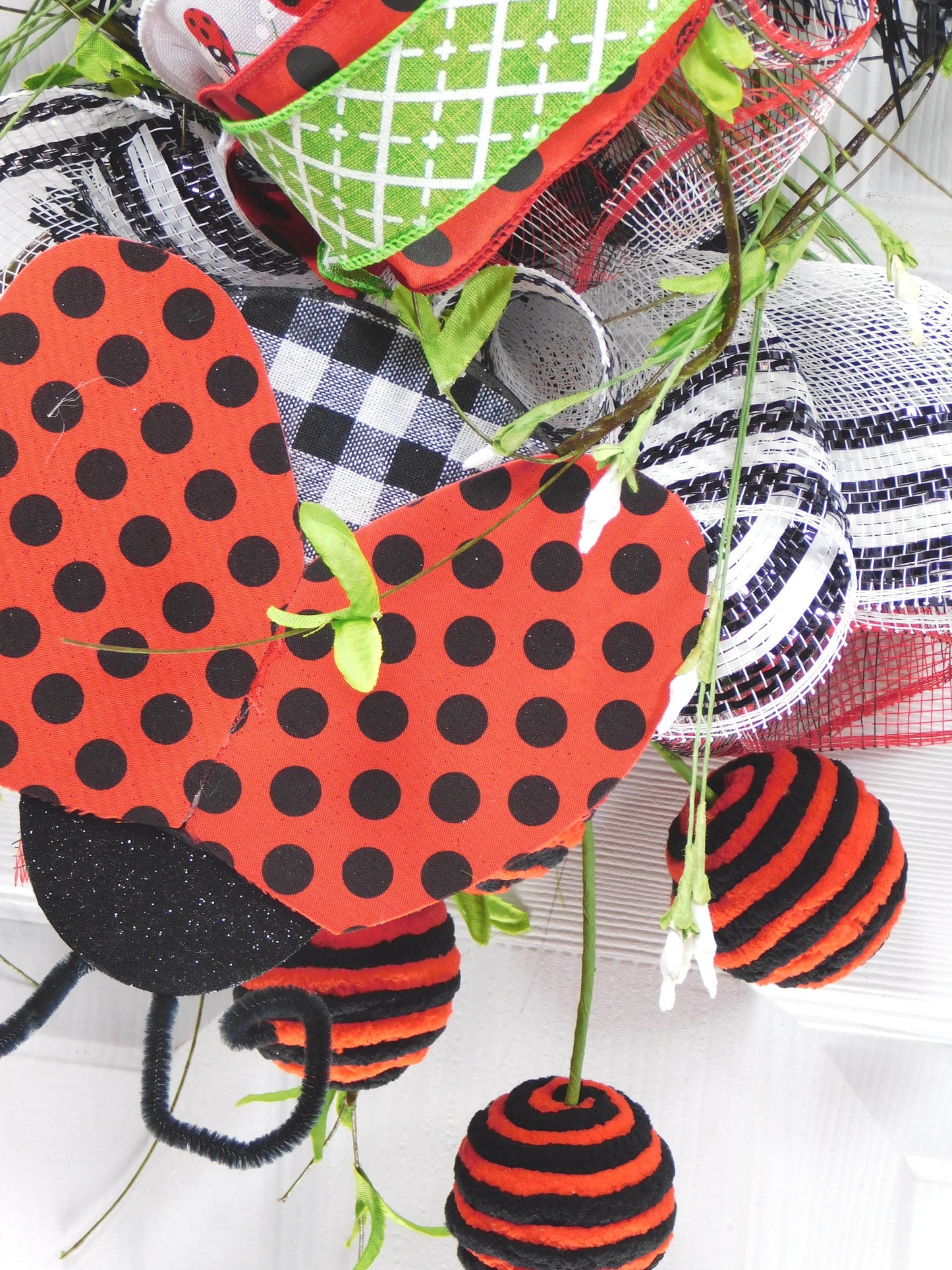 Ladybug Door Swag with Ribbons and Vines - 36” Whimsical Red and Black Decor