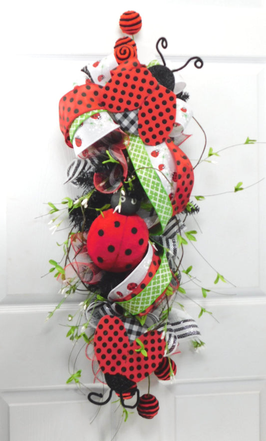 Ladybug Door Swag with Ribbons and Vines - 36” Whimsical Red and Black Decor