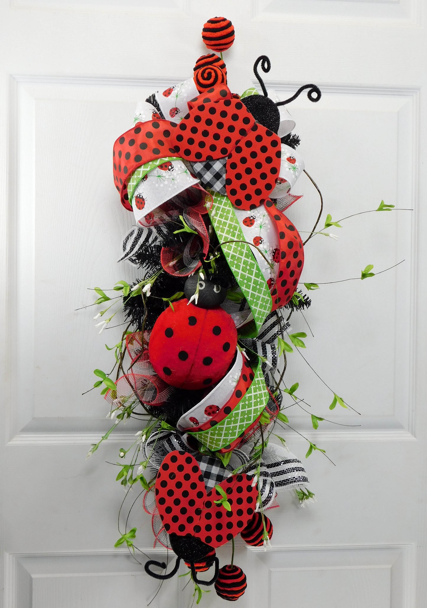 Ladybug Door Swag with Ribbons and Vines - 36” Whimsical Red and Black Decor