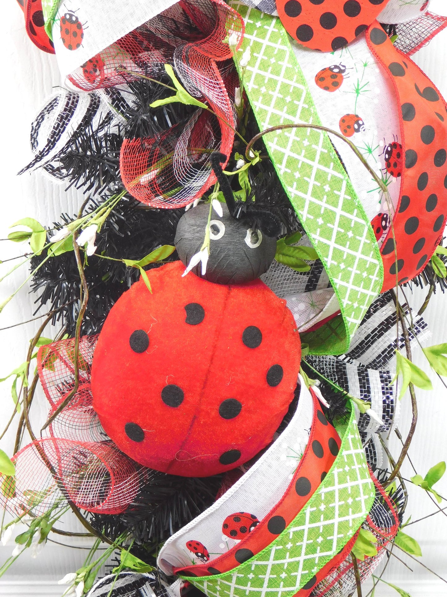 Ladybug Door Swag with Ribbons and Vines - 36” Whimsical Red and Black Decor