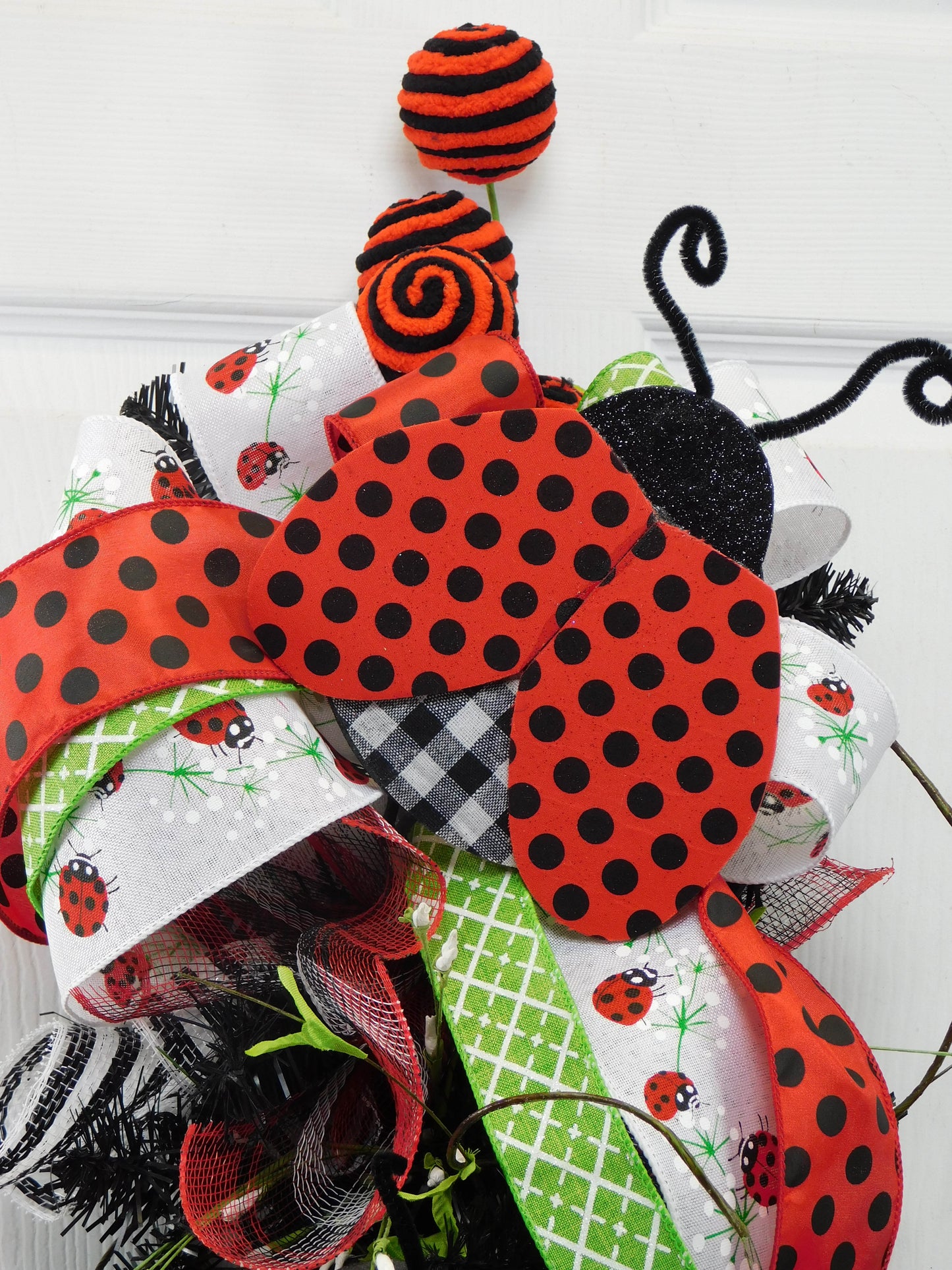 Ladybug Door Swag with Ribbons and Vines - 36” Whimsical Red and Black Decor