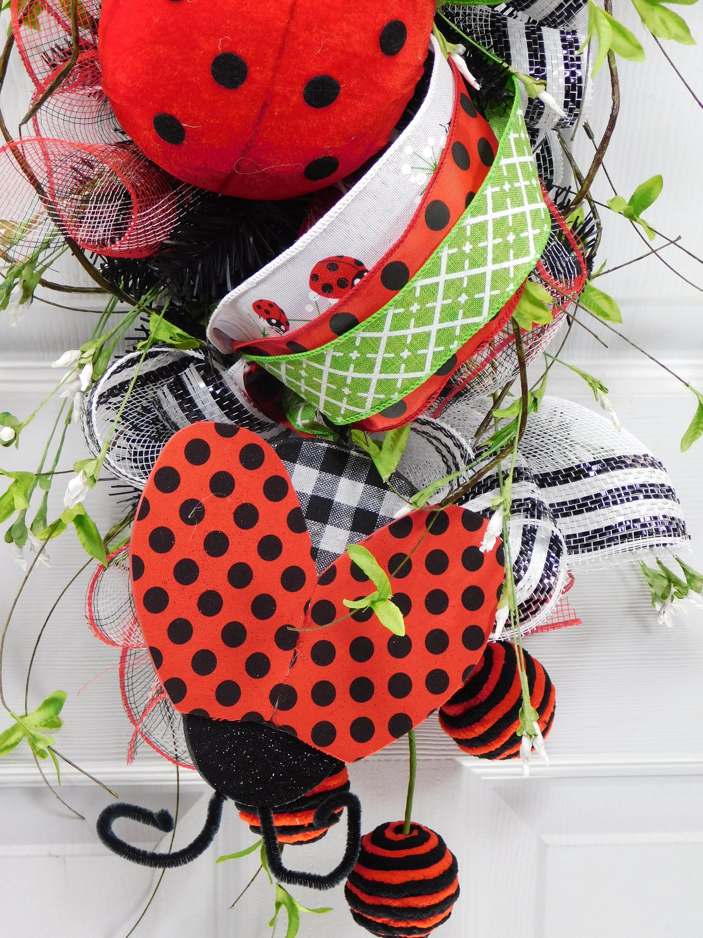 Ladybug Door Swag with Ribbons and Vines - 36” Whimsical Red and Black Decor