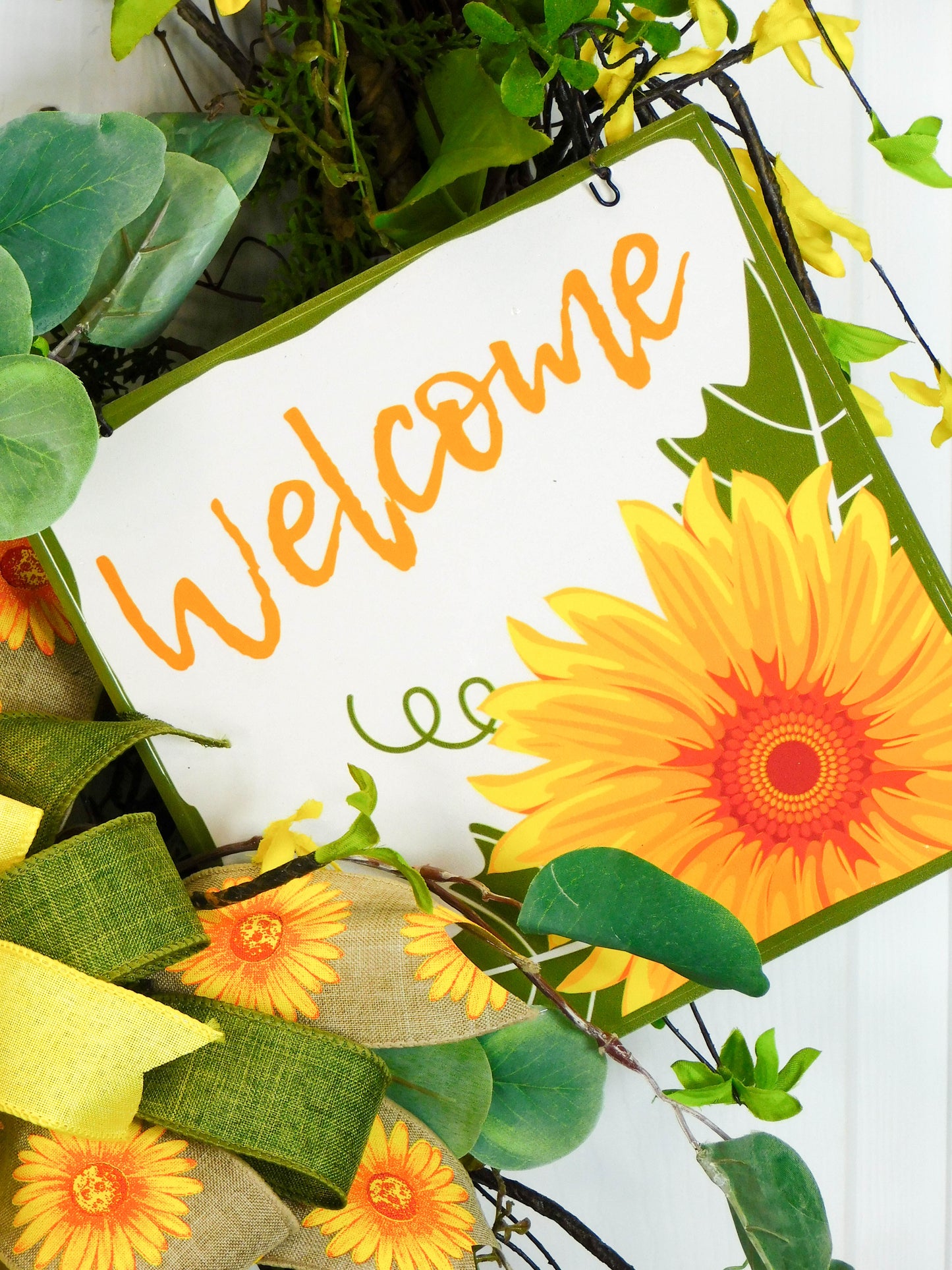 Sunflower Welcome Wreath with Eucalyptus and Forsythia - 35” Summer to Fall Decor