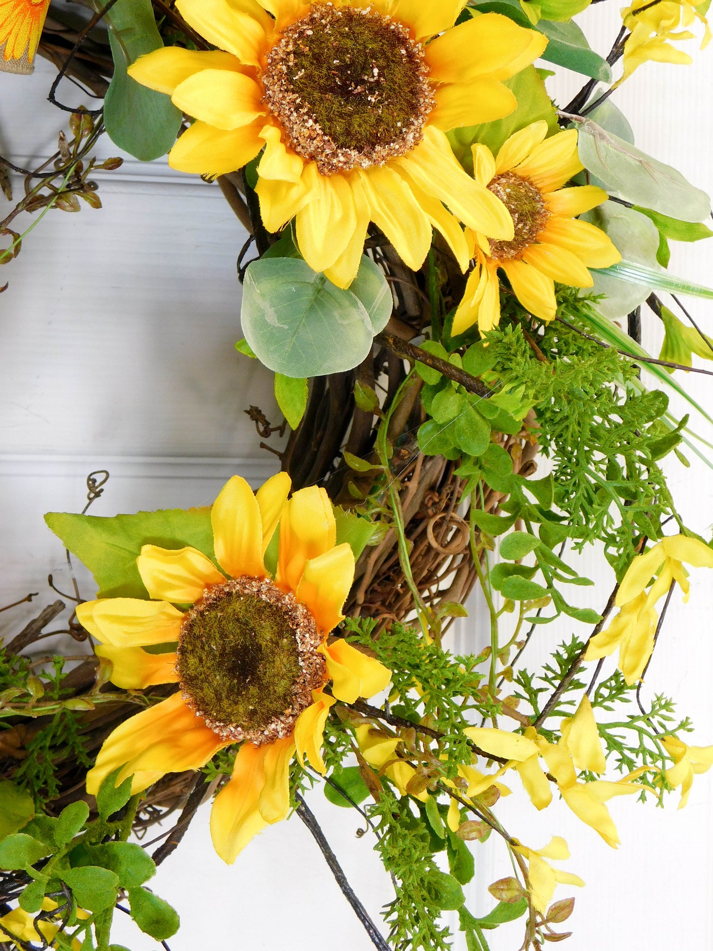 Sunflower Welcome Wreath with Eucalyptus and Forsythia - 35” Summer to Fall Decor