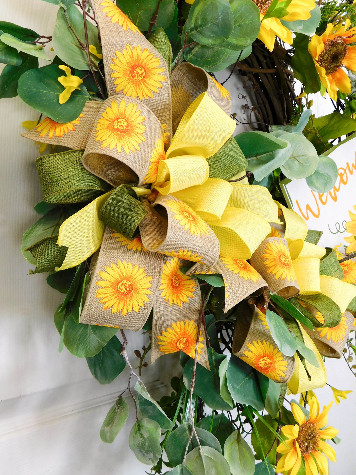 Sunflower Welcome Wreath with Eucalyptus and Forsythia - 35” Summer to Fall Decor