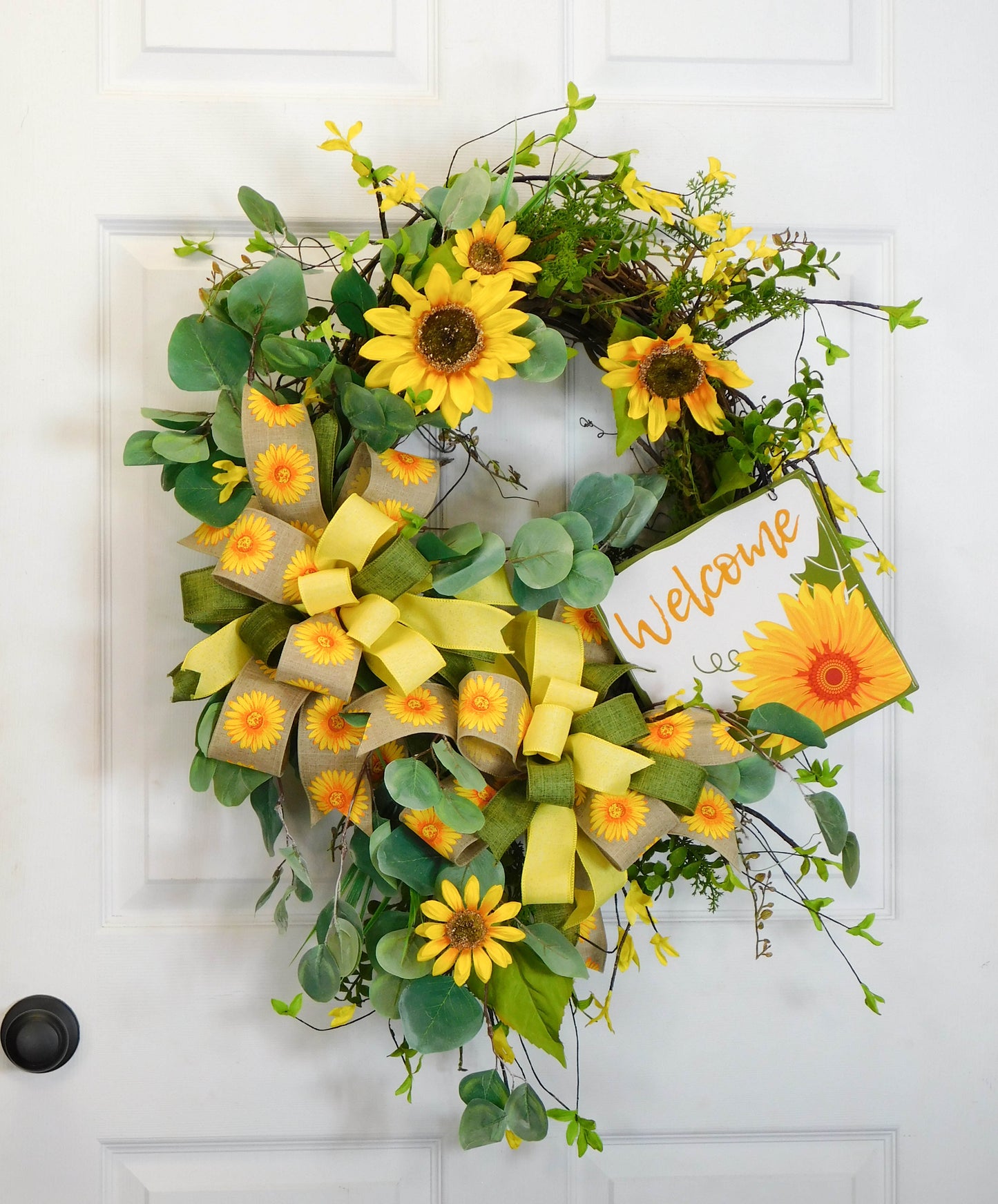 Sunflower Welcome Wreath with Eucalyptus and Forsythia - 35” Summer to Fall Decor