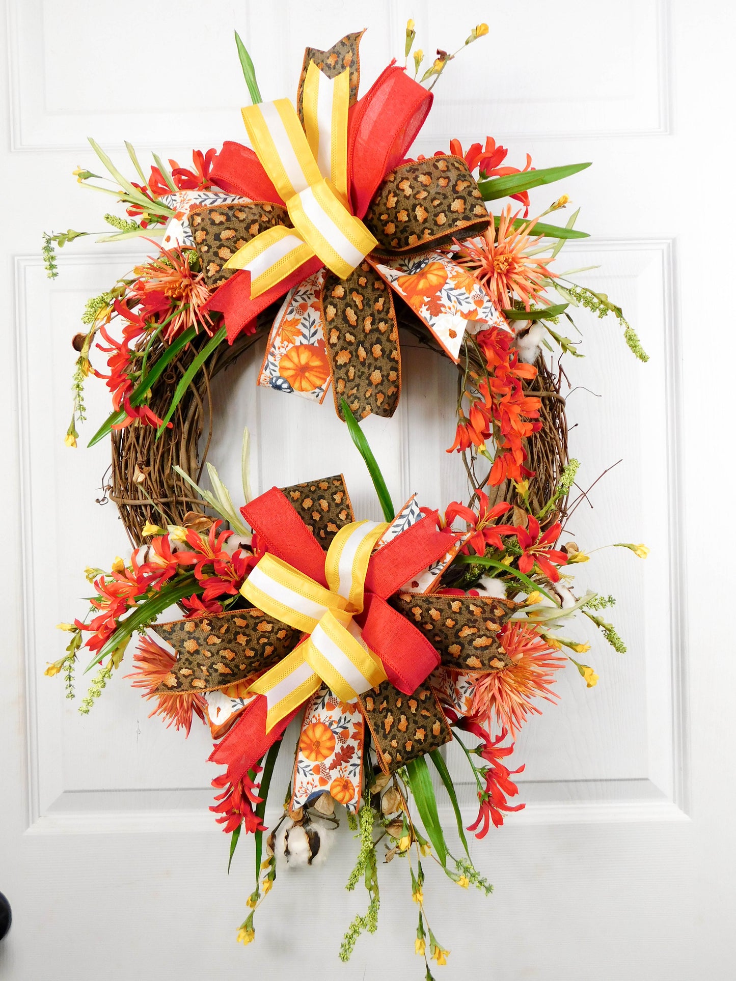 Fall Double Bow Grapevine Wreath with Red Freesias and Golden Mums - 30” Autumn Decor