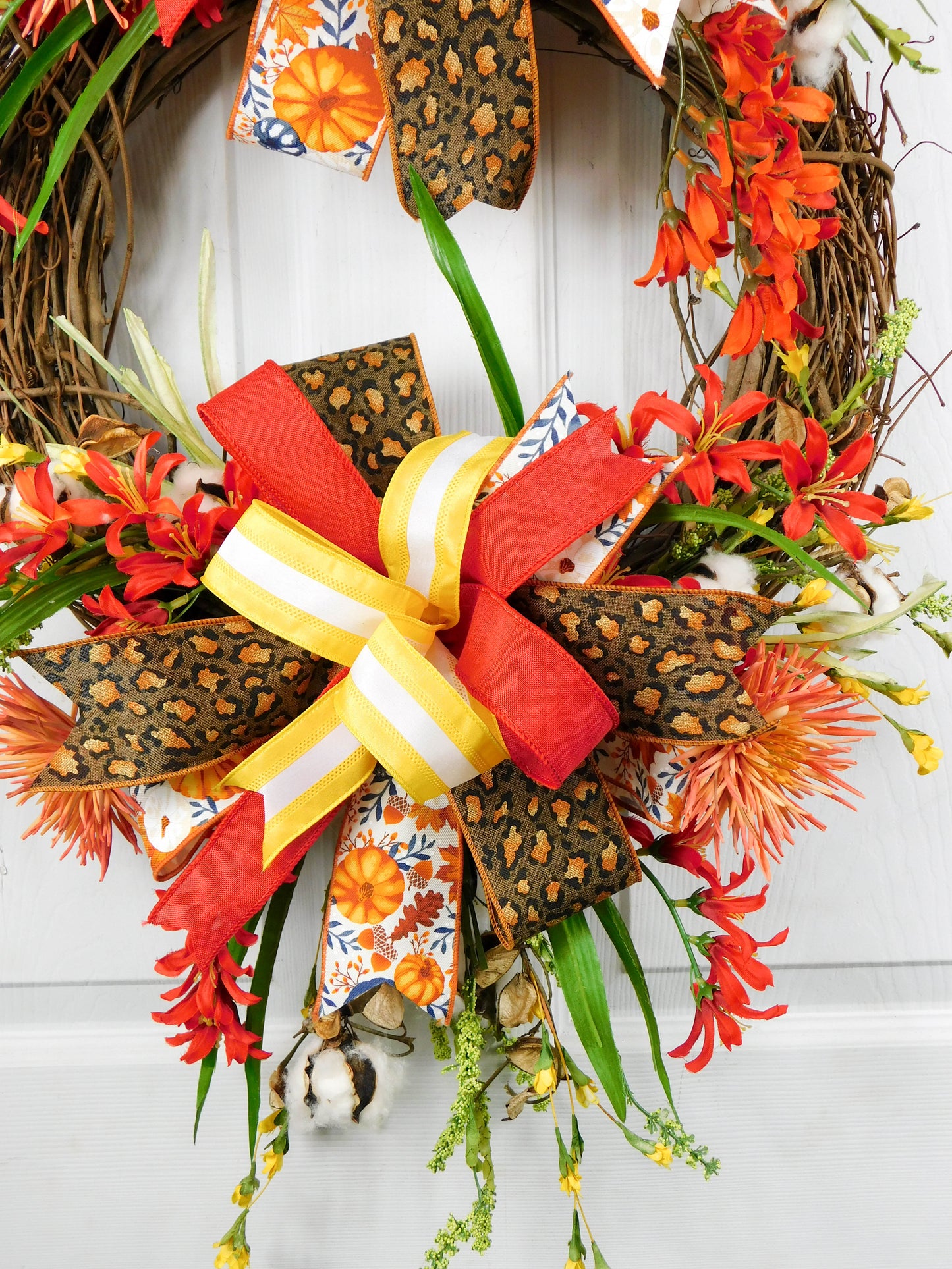 Fall Double Bow Grapevine Wreath with Red Freesias and Golden Mums - 30” Autumn Decor