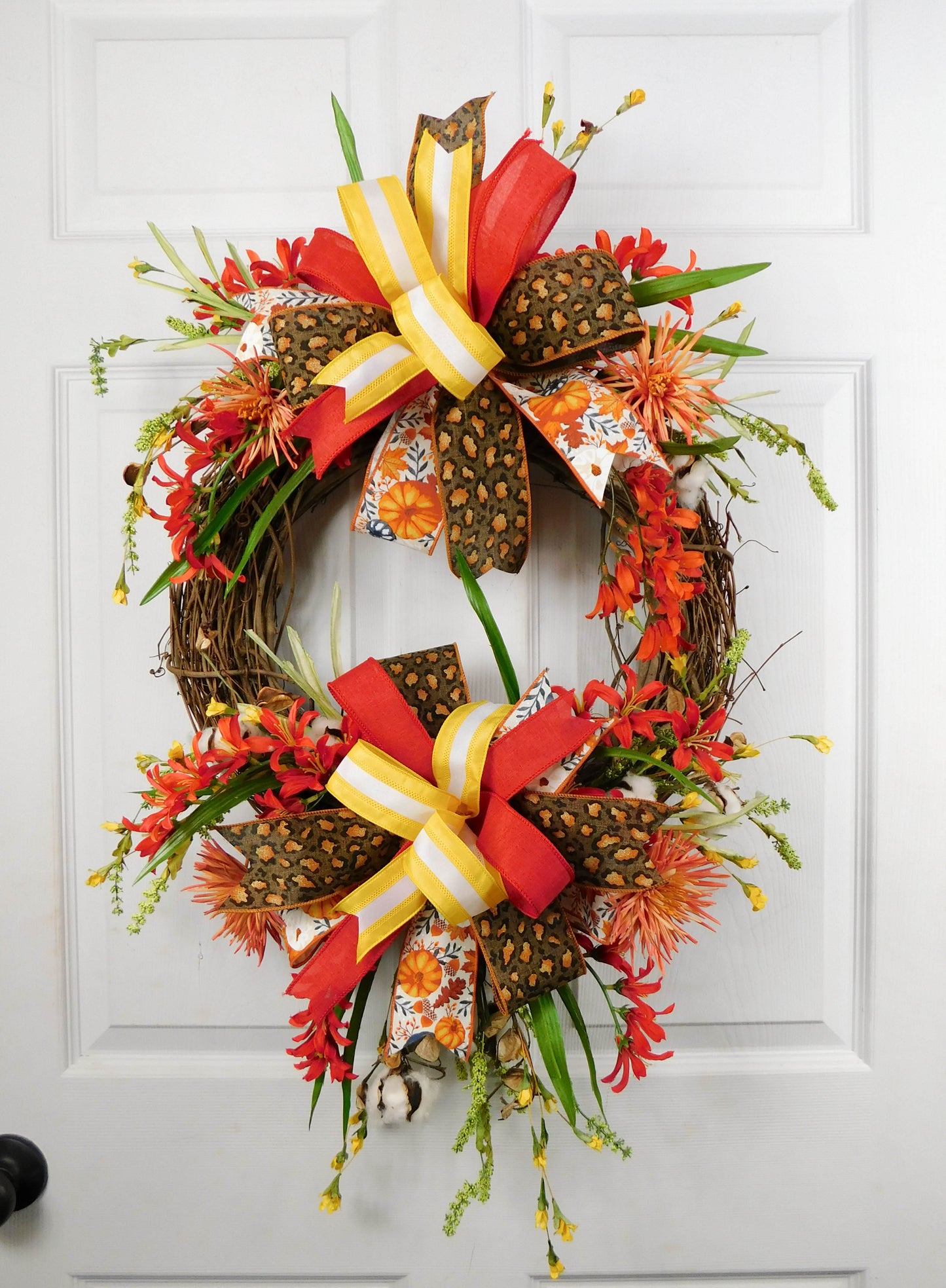 Fall Double Bow Grapevine Wreath with Red Freesias and Golden Mums - 30” Autumn Decor