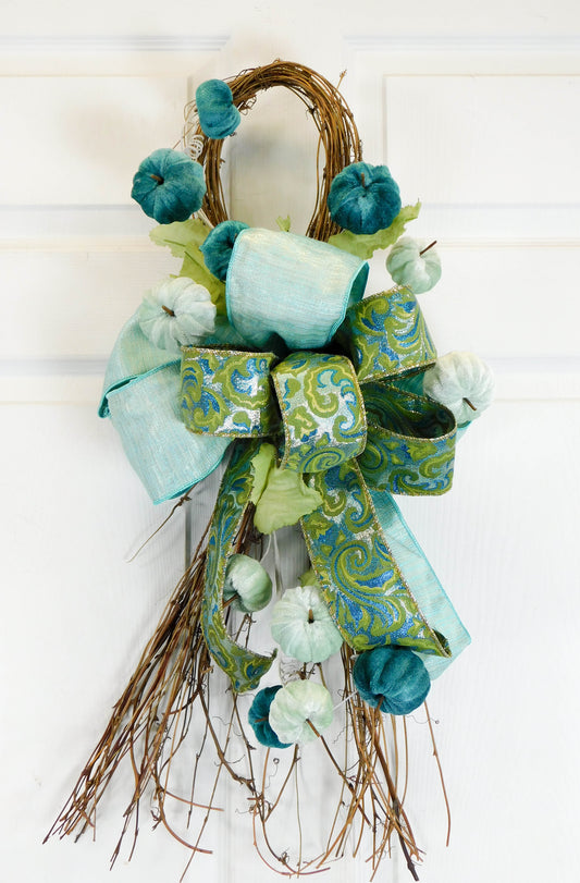 Elegant Teal Pumpkin Grapevine Door Loop with Decorative Bow - Fall and Autumn Door Decor