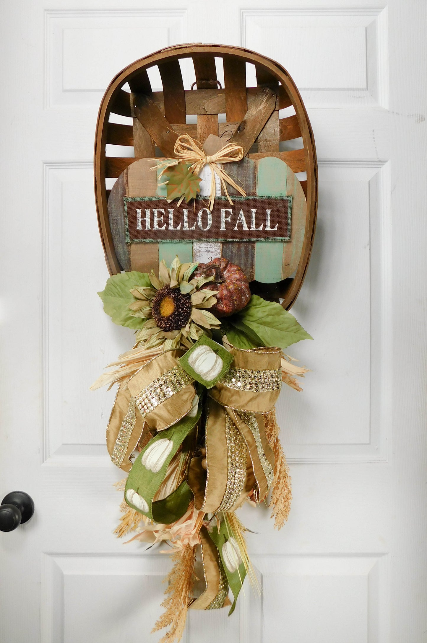 Rustic Hello Fall Tobacco Basket Door Hanger with Sunflowers and Pumpkins - Autumn Decor