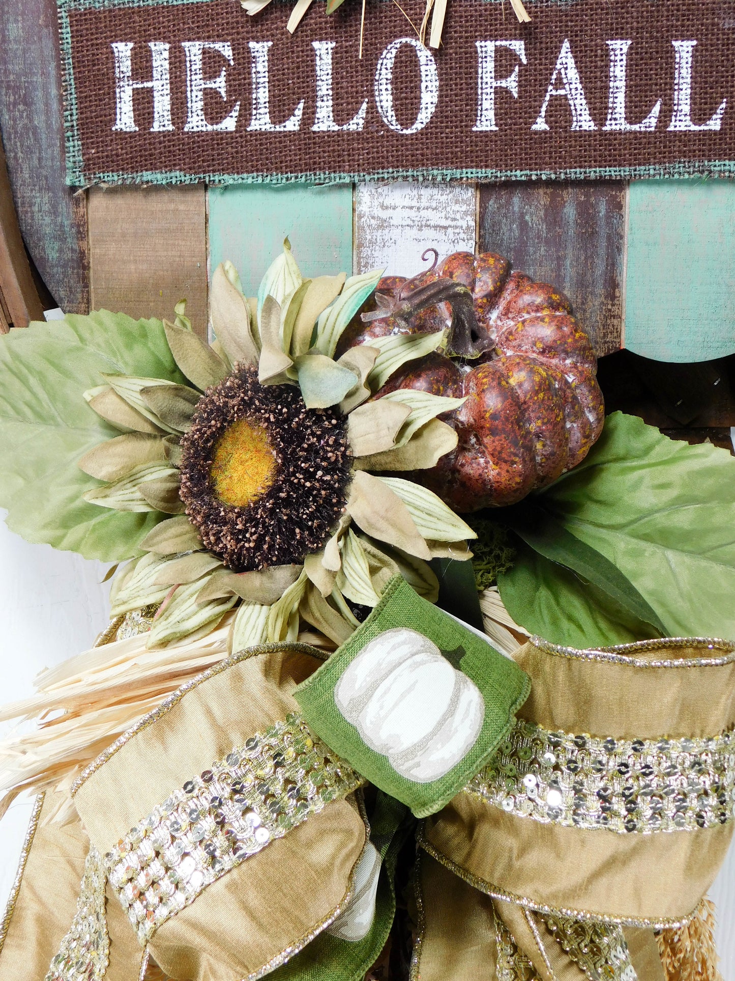 Rustic Hello Fall Tobacco Basket Door Hanger with Sunflowers and Pumpkins - Autumn Decor