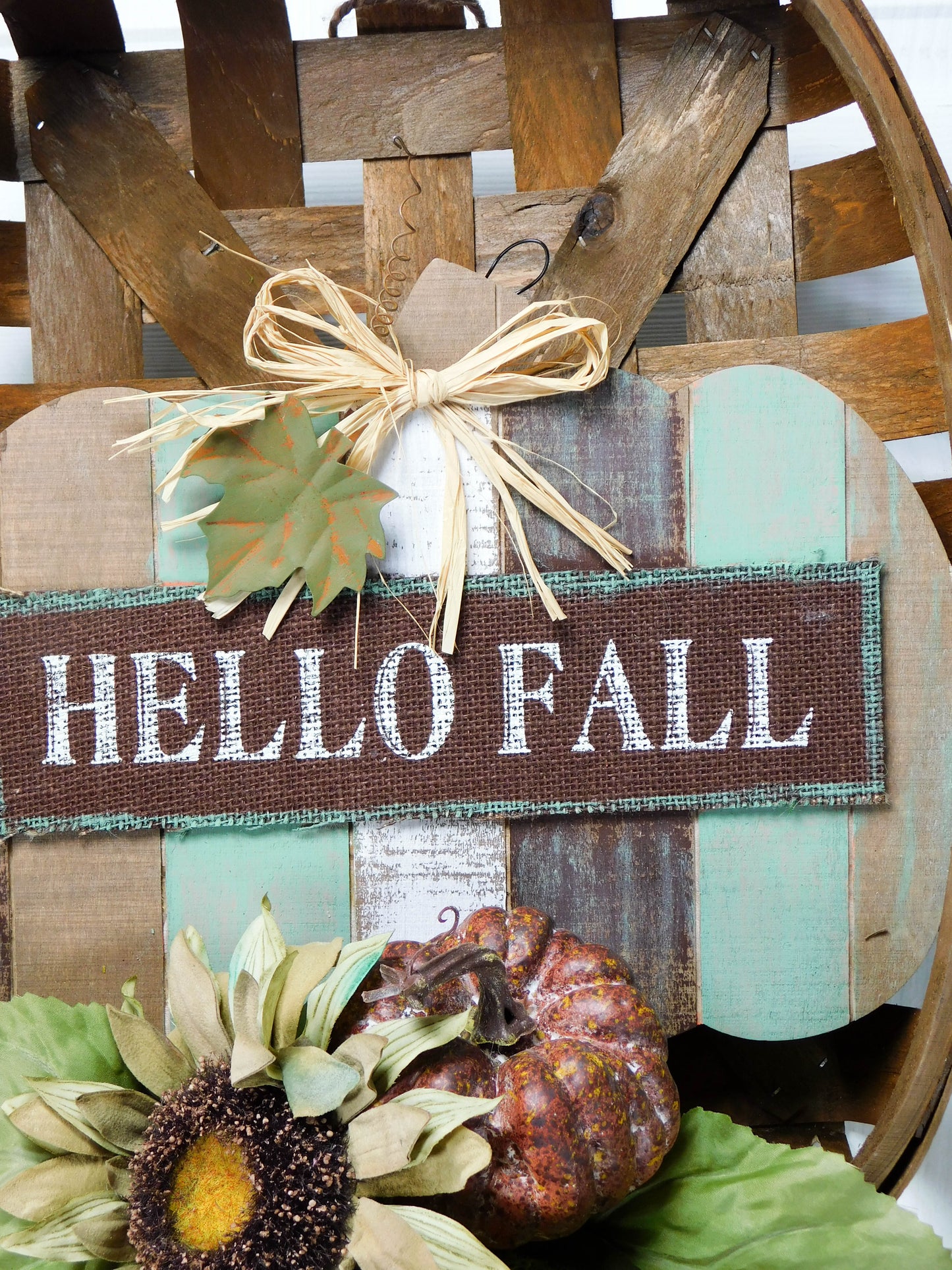 Rustic Hello Fall Tobacco Basket Door Hanger with Sunflowers and Pumpkins - Autumn Decor