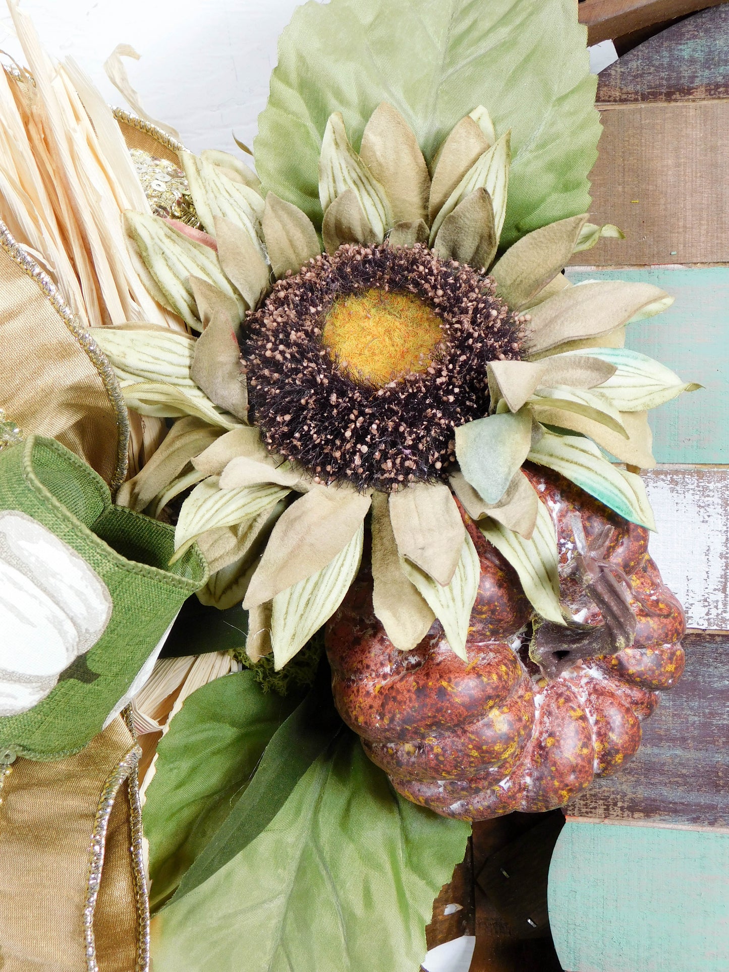 Rustic Hello Fall Tobacco Basket Door Hanger with Sunflowers and Pumpkins - Autumn Decor