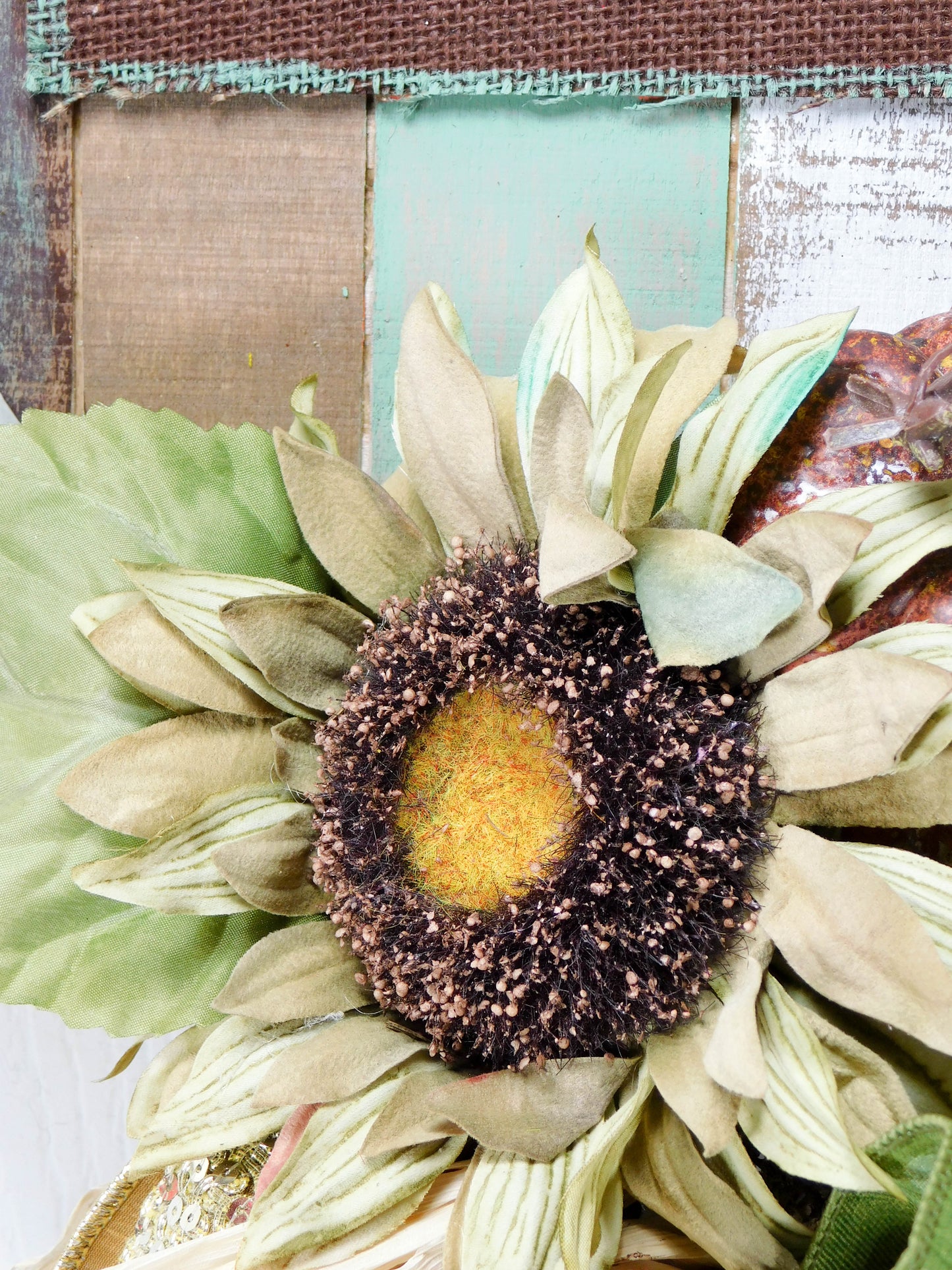 Rustic Hello Fall Tobacco Basket Door Hanger with Sunflowers and Pumpkins - Autumn Decor