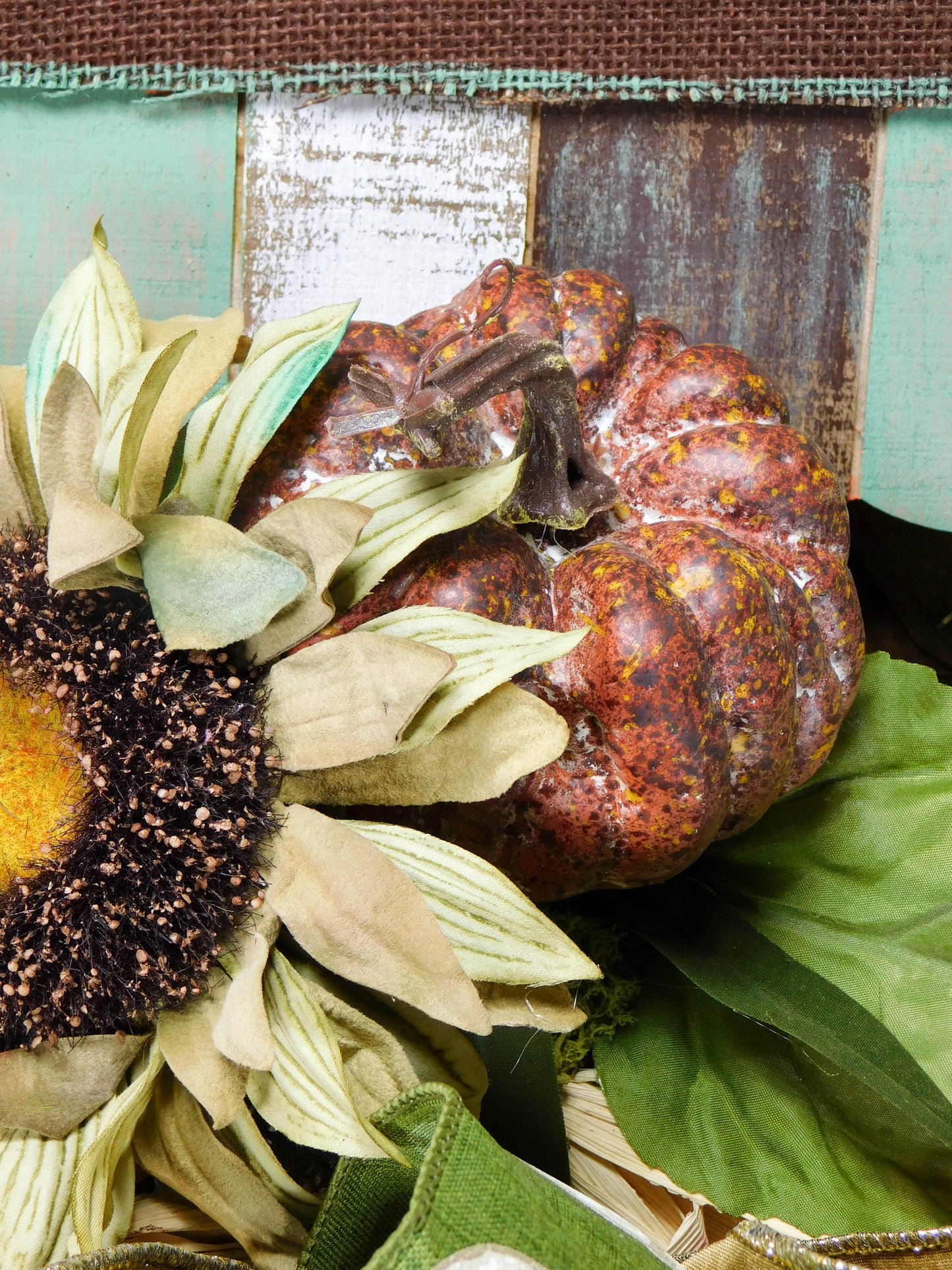 Rustic Hello Fall Tobacco Basket Door Hanger with Sunflowers and Pumpkins - Autumn Decor