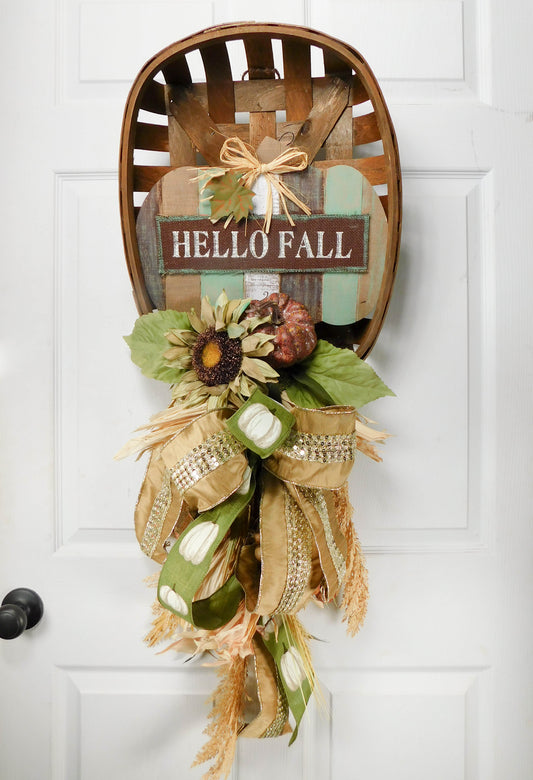 Rustic Hello Fall Tobacco Basket Door Hanger with Sunflowers and Pumpkins - Autumn Decor