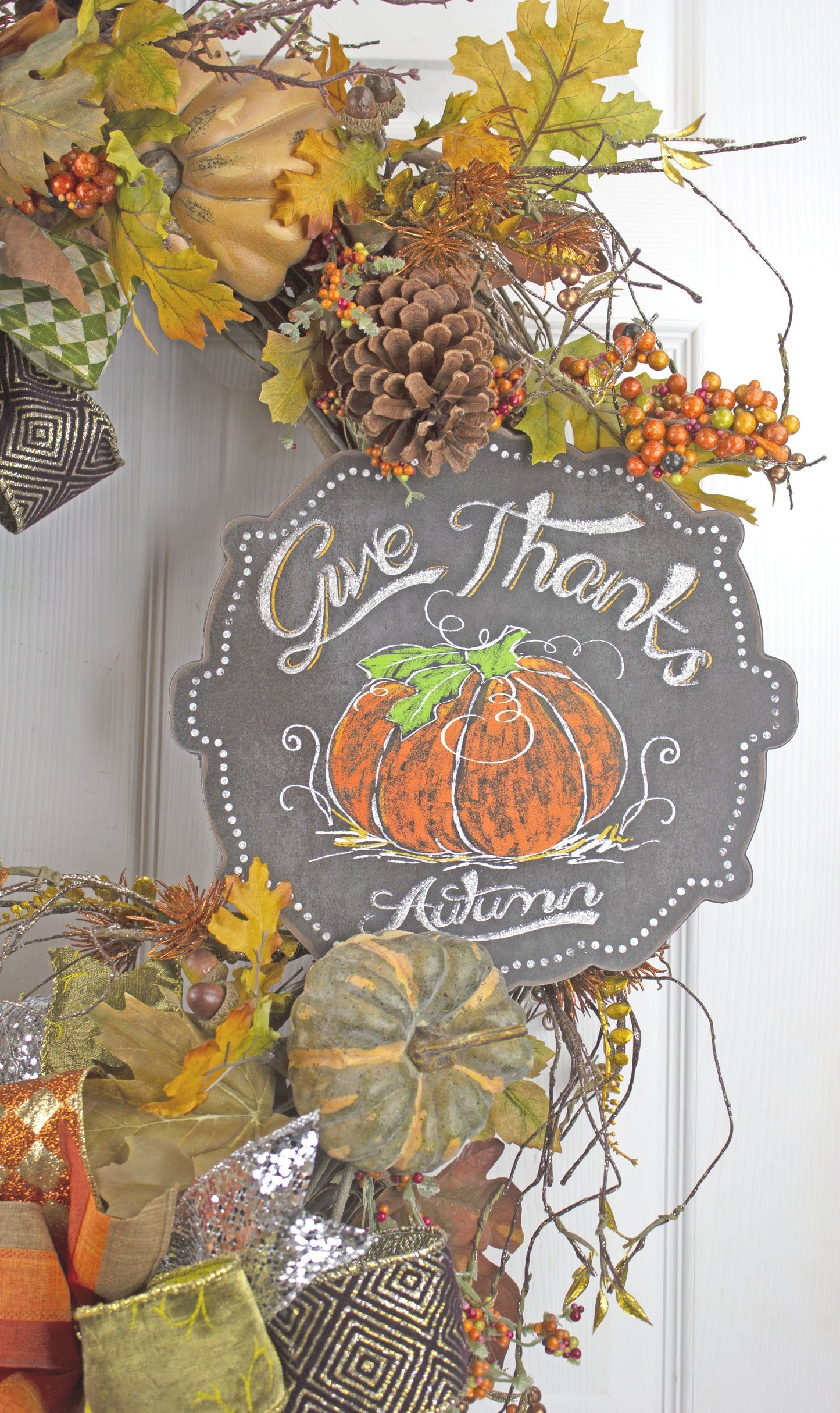 Give Thanks Autumn Wreath with Pumpkins, Pinecones, and Fall Bows - Thanksgiving Door Decor