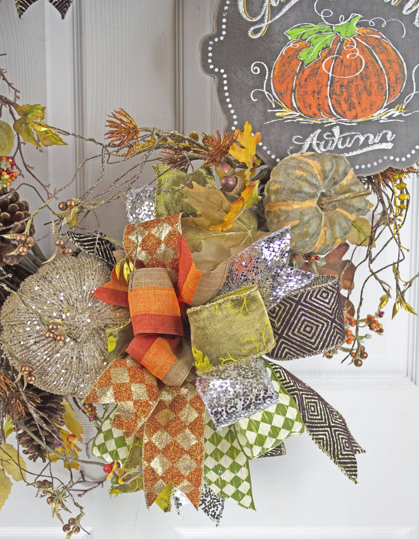 Give Thanks Autumn Wreath with Pumpkins, Pinecones, and Fall Bows - Thanksgiving Door Decor