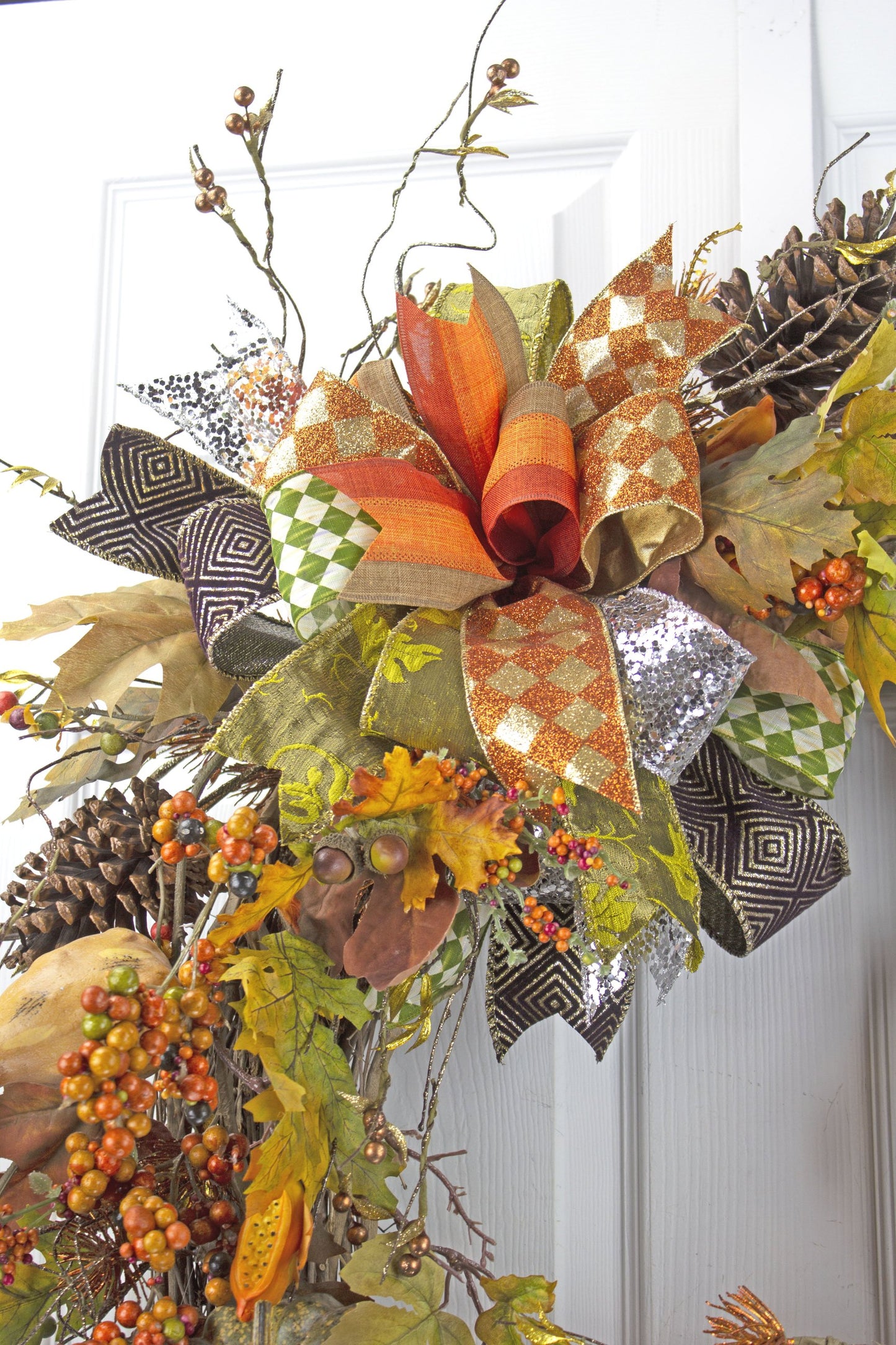 Give Thanks Autumn Wreath with Pumpkins, Pinecones, and Fall Bows - Thanksgiving Door Decor