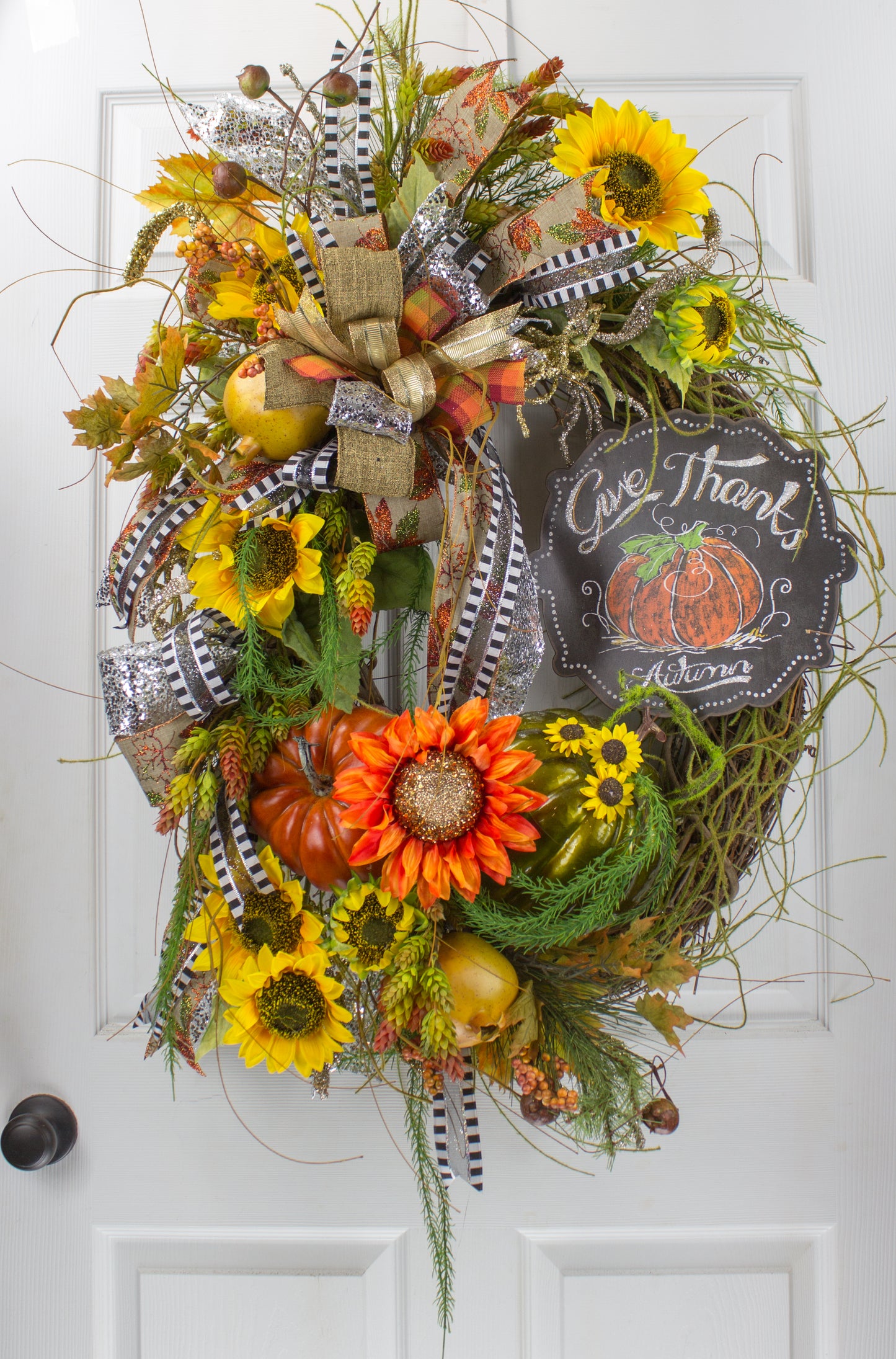 Give Thanks Autumn Wreath with Sunflowers and Pumpkins - Thanksgiving Door Decor