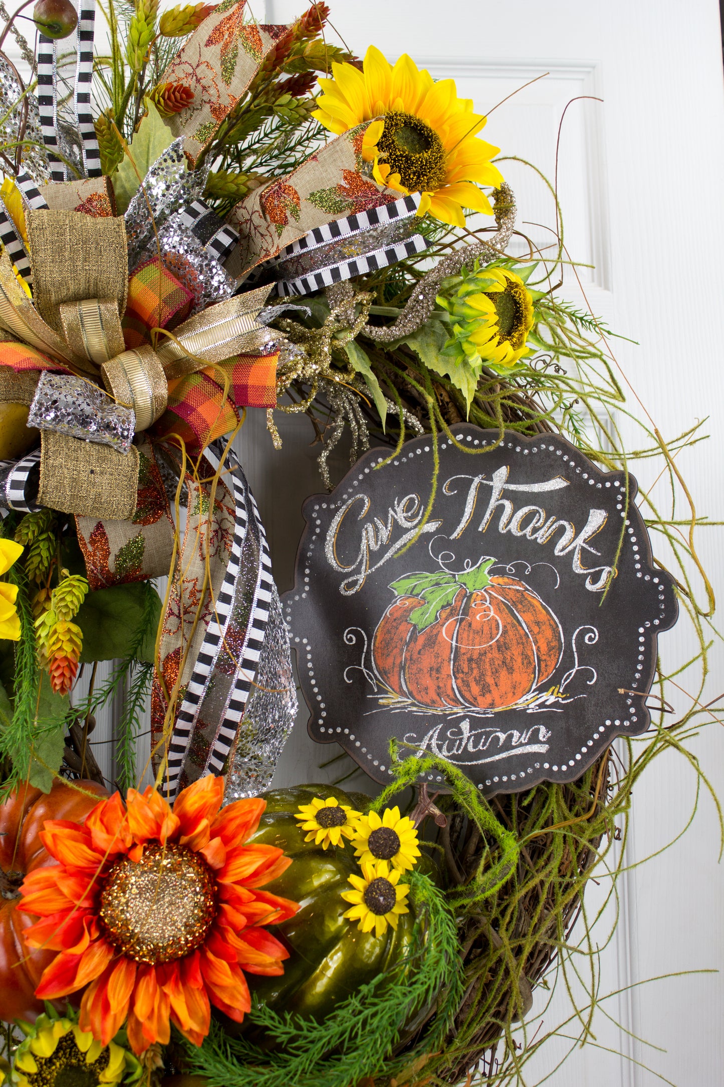 Give Thanks Autumn Wreath with Sunflowers and Pumpkins - Thanksgiving Door Decor