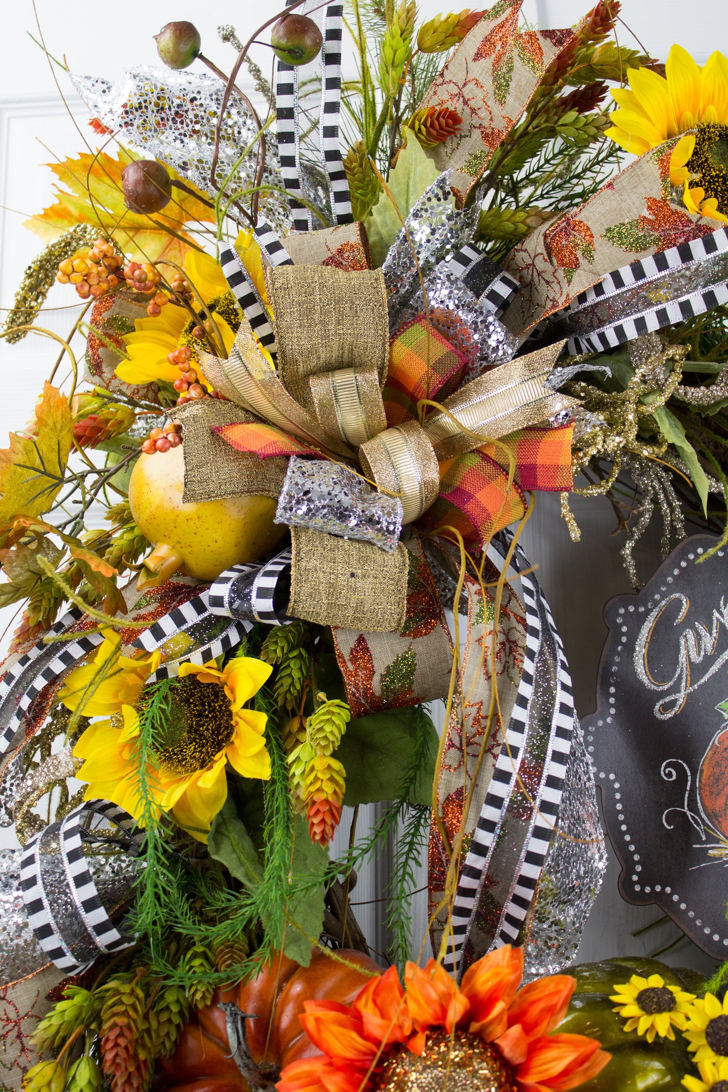 Give Thanks Autumn Wreath with Sunflowers and Pumpkins - Thanksgiving Door Decor