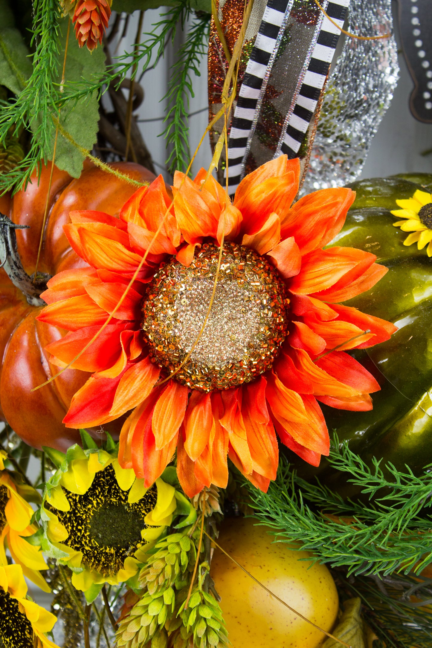 Give Thanks Autumn Wreath with Sunflowers and Pumpkins - Thanksgiving Door Decor